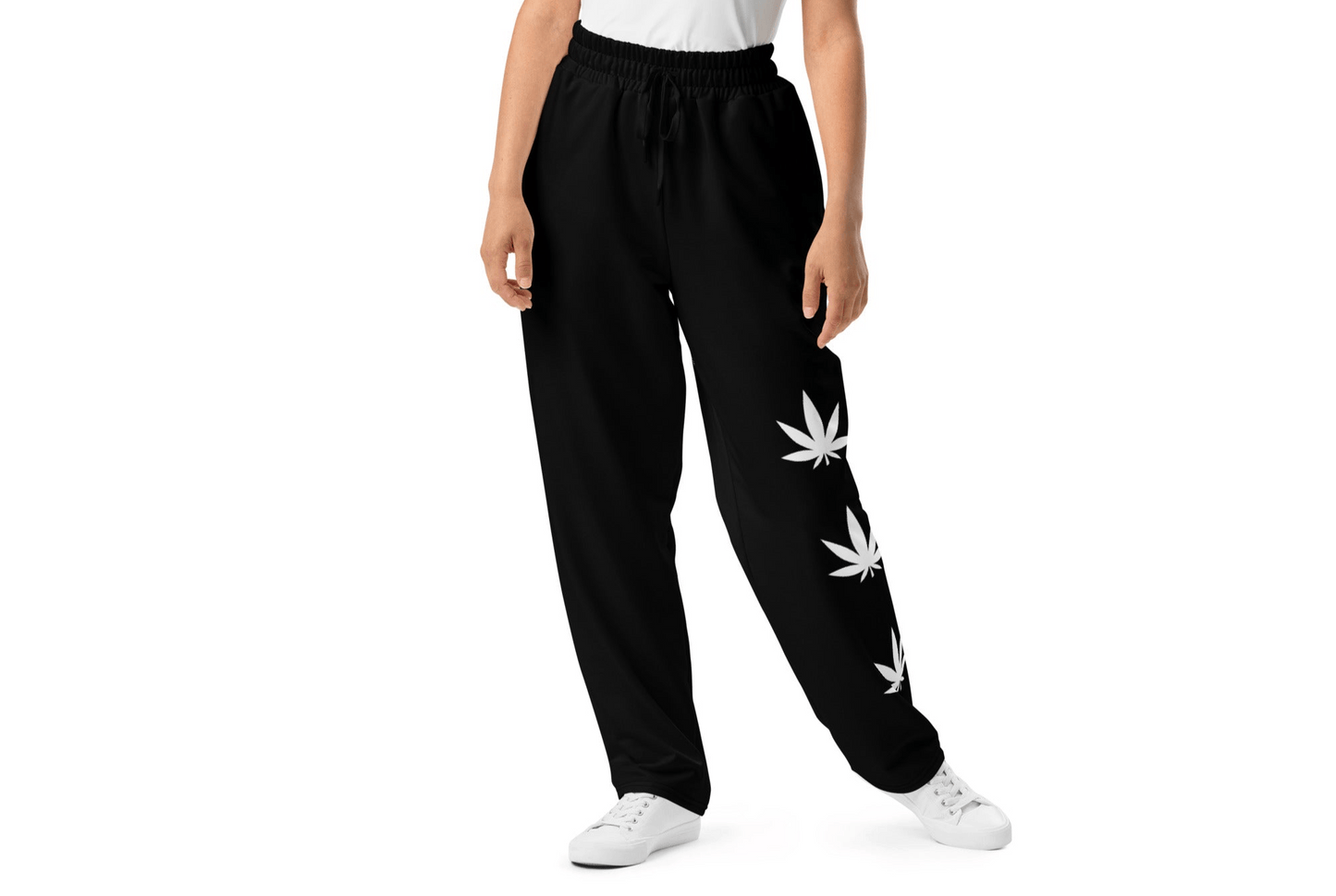White Pot Leaf Wide-Leg Joggers
