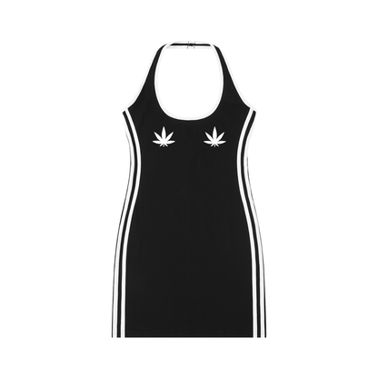 White Pot Leaf Halter Dress