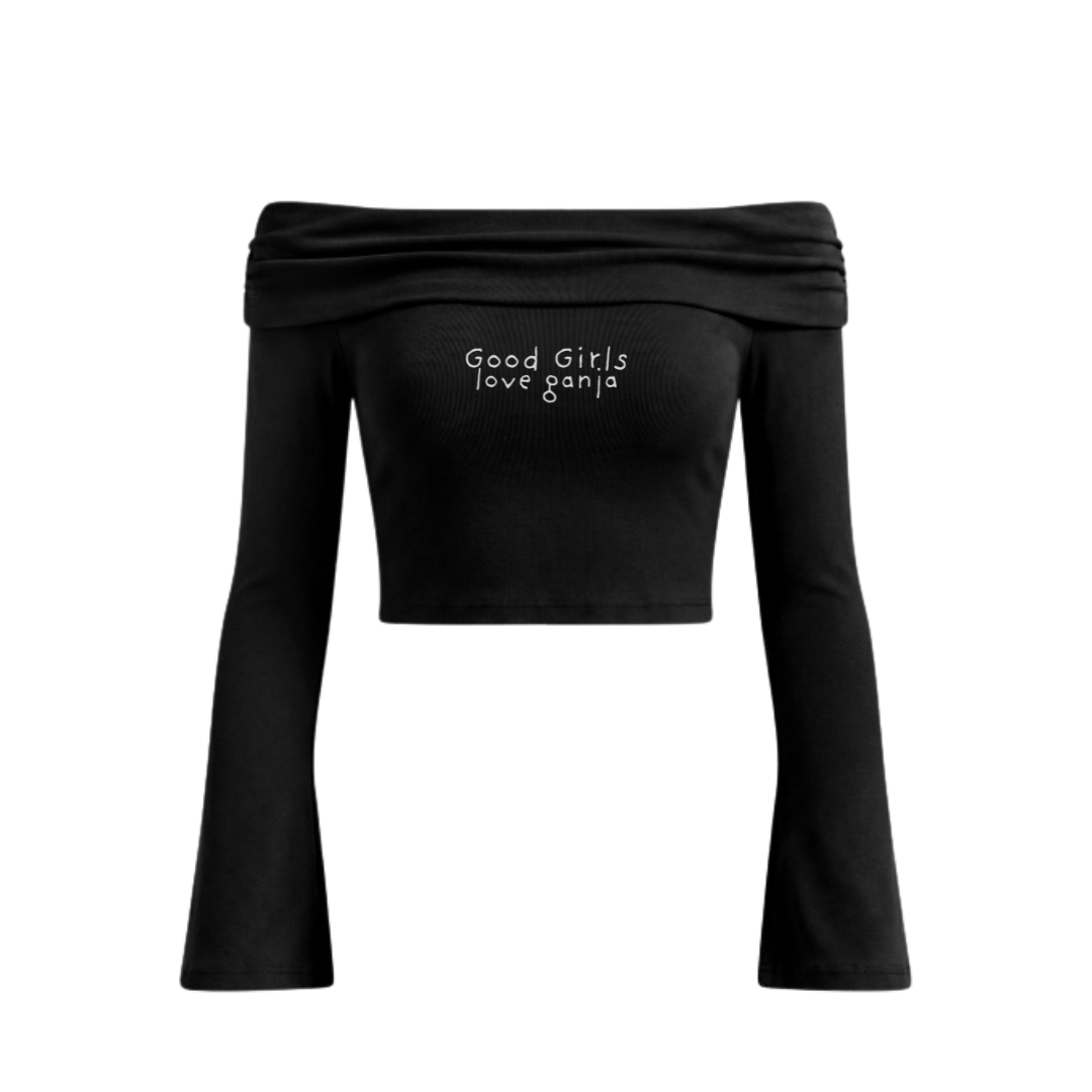 Good Girls Love Ganja Women's Off-the-Shoulder Bell Sleeve Knit Crop T-Shirt